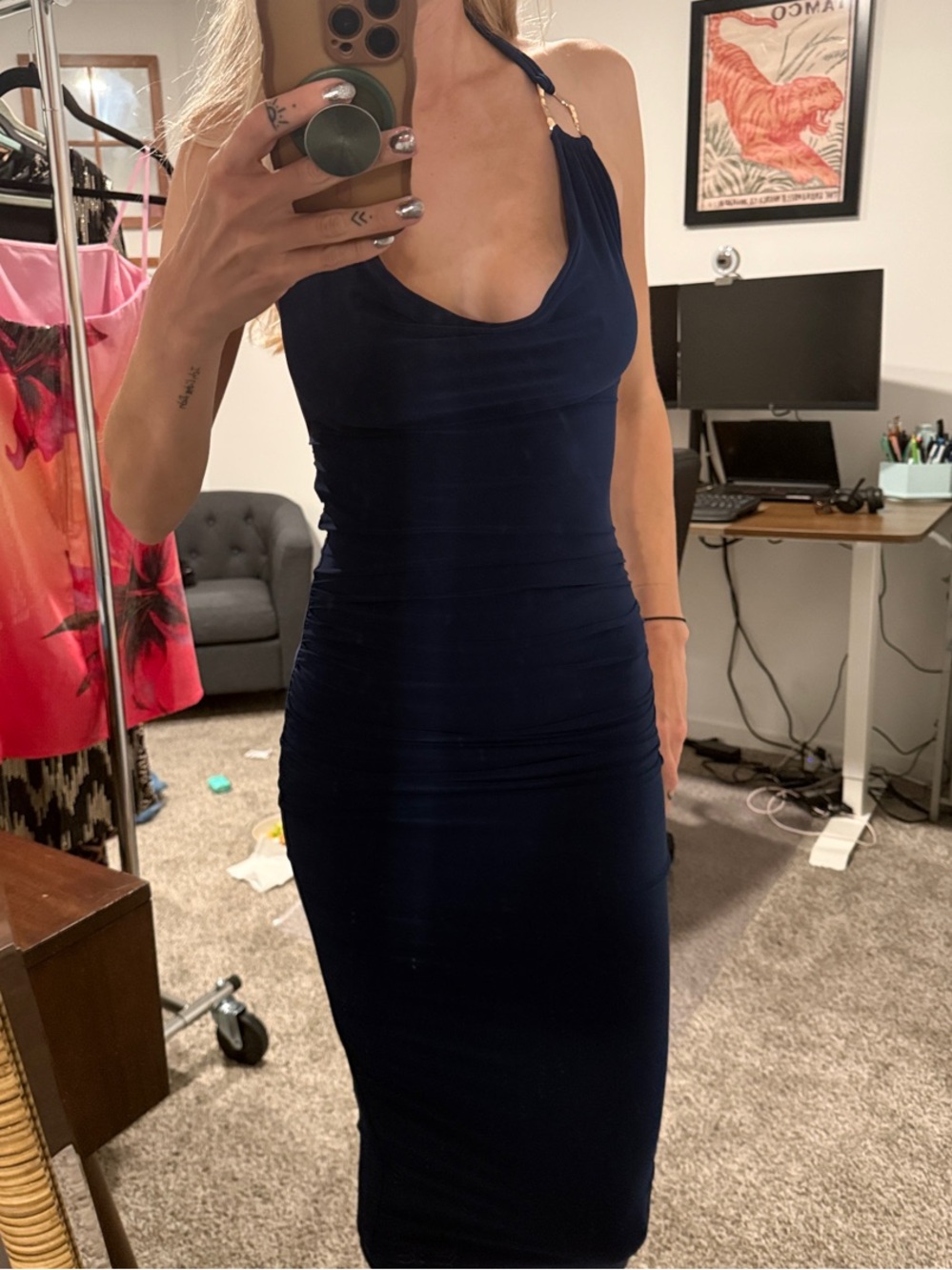 NWT AllSaints Navy Draped Halter Midi Dress Small